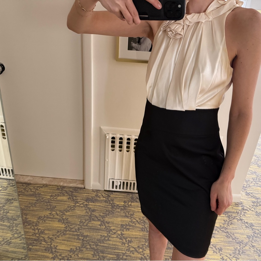 BCBGMaxAzria Cream Satin Blouse and black skirt (one piece dress)